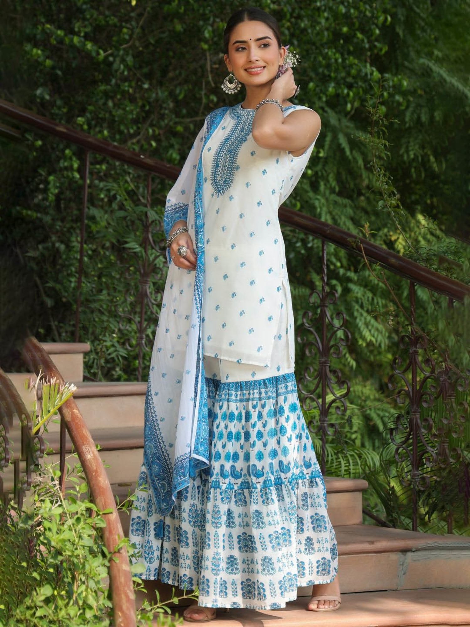 Juniper Blue Ethnic Motif Printed Georgette Kurta Sharara & Dupatta Set With Thread Work Embroidery