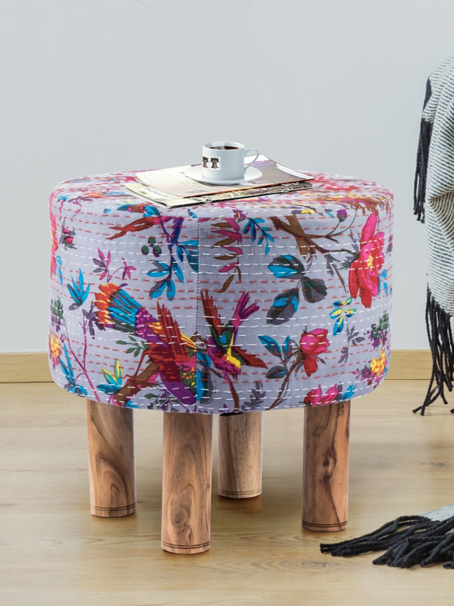 Chumbak Spring Marigold Floral Green Mango Wood Modern Trunk Storage Ottoman