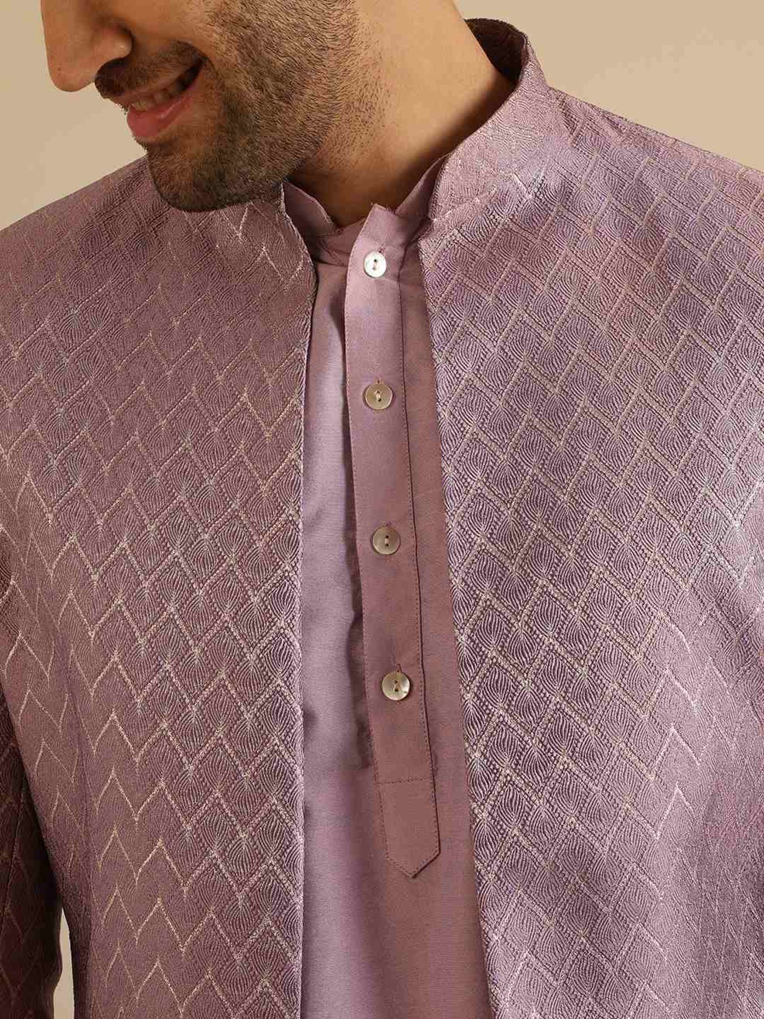 Hangup Plus Beige & Black Regular Fit Printed Sherwani Set