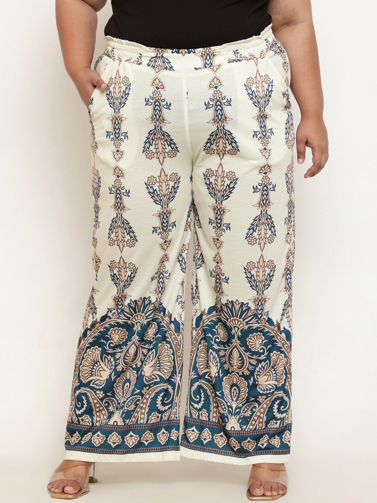 Amydus Cream Printed Flared Fit High Rise Pants
