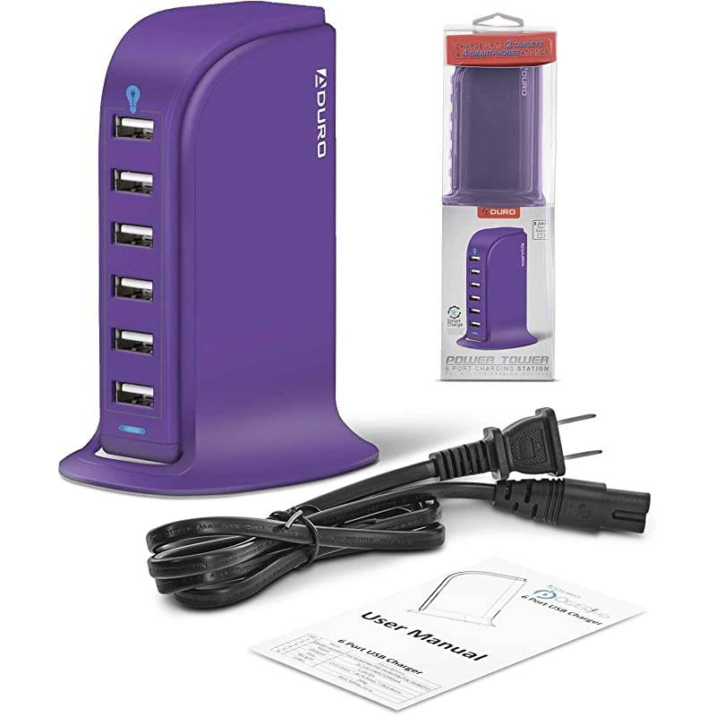 40W 6-Port USB Desktop Charging Station Hub Wall Charger for iPhone iPad Tablets Smartphones with Smart Flow (Purple)