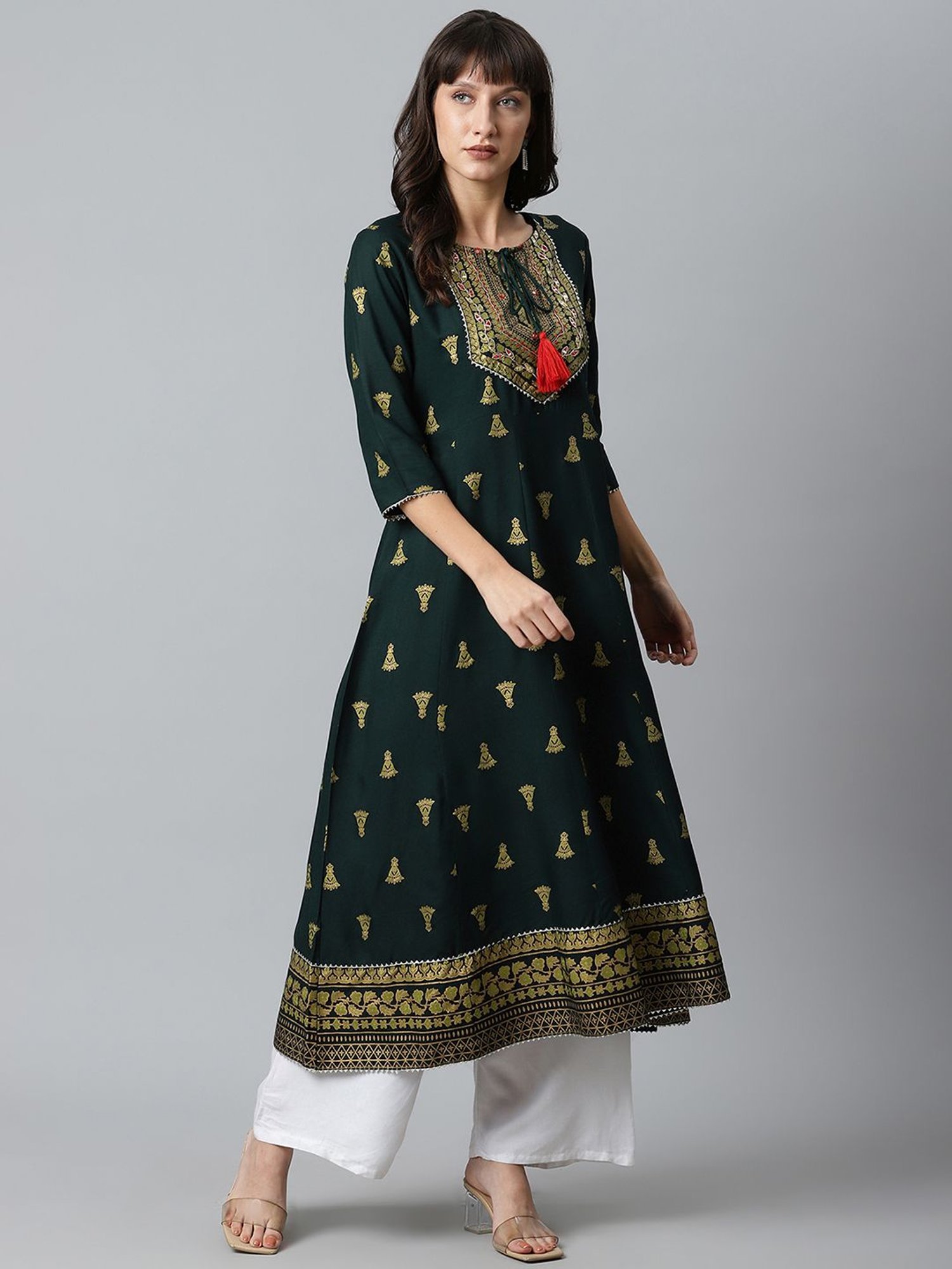 Sringam Green Embroidered A Line Kurta