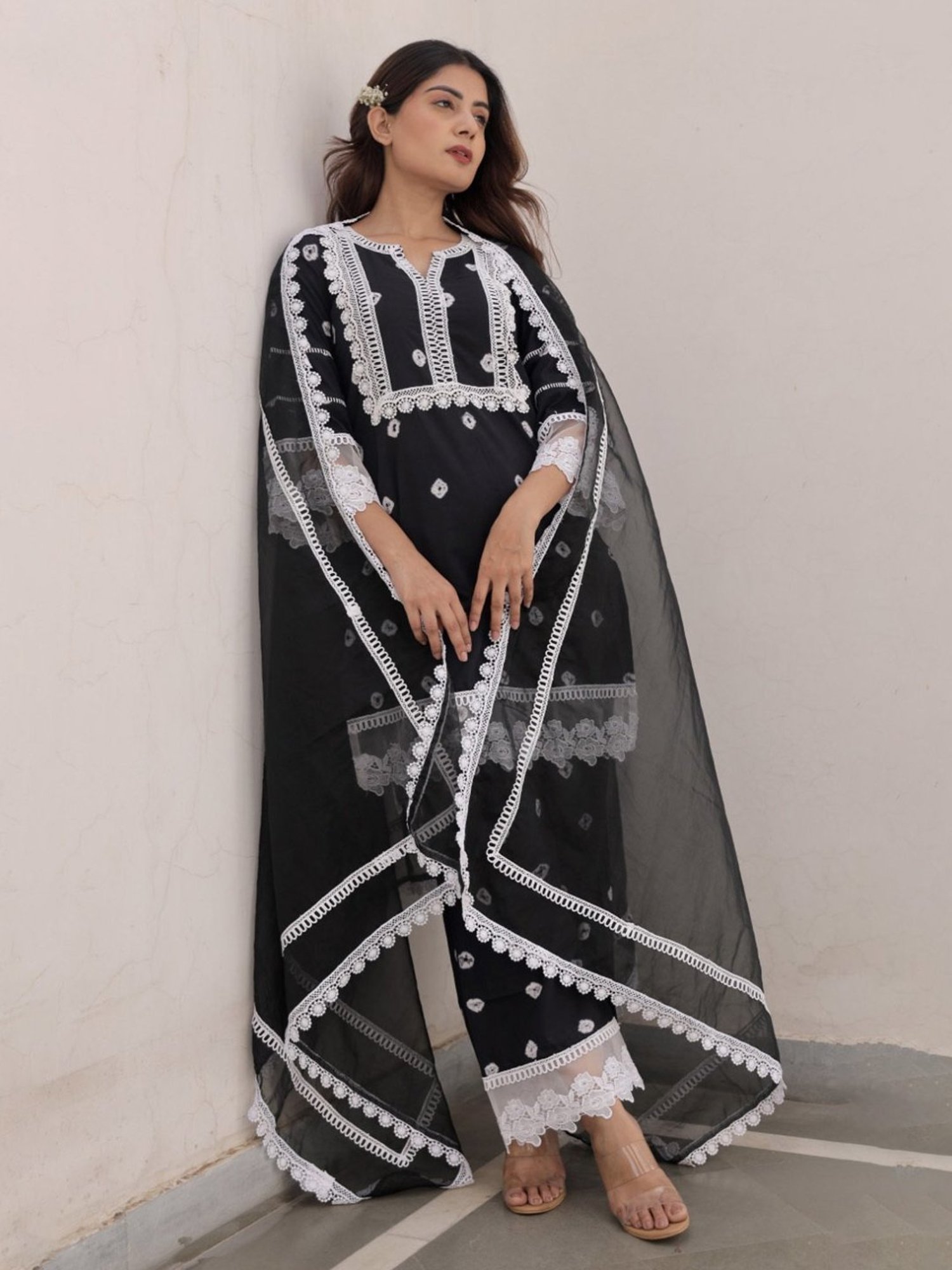 Asrumo Black Sukoon Summer Tie And Dye Cotton Straight Kurta with Palazzo and Dupatta