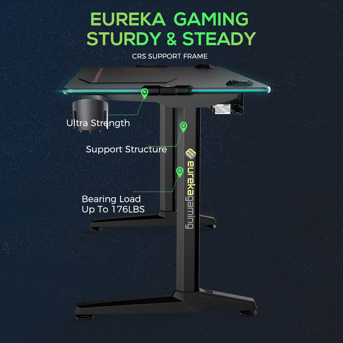 Eureka Ergonomic Gaming Computer Desk 44" Home Office Gaming PC Tables New Polygon Legs Design with RGB LED Lights, Colonel Series GIP-44B, Black
