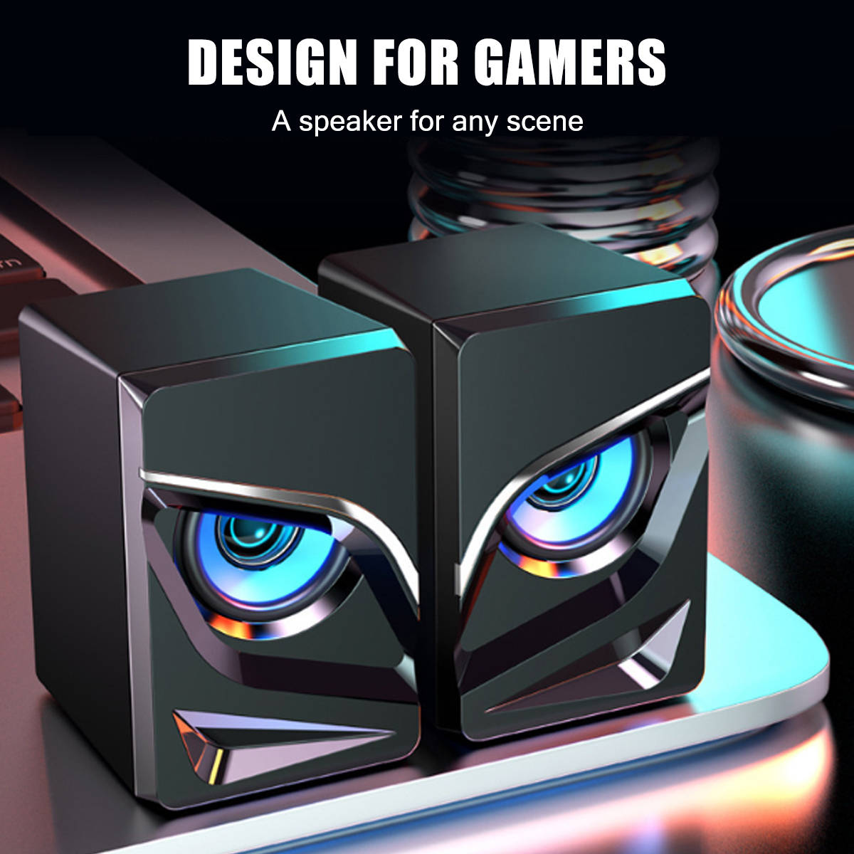 Computer Speakers, Blue LED Speaker with Sharp Eye USB Powered 3.5mm Stereo Audio for PC, MP3 Player, Laptops, Smartphone, Black, SK10