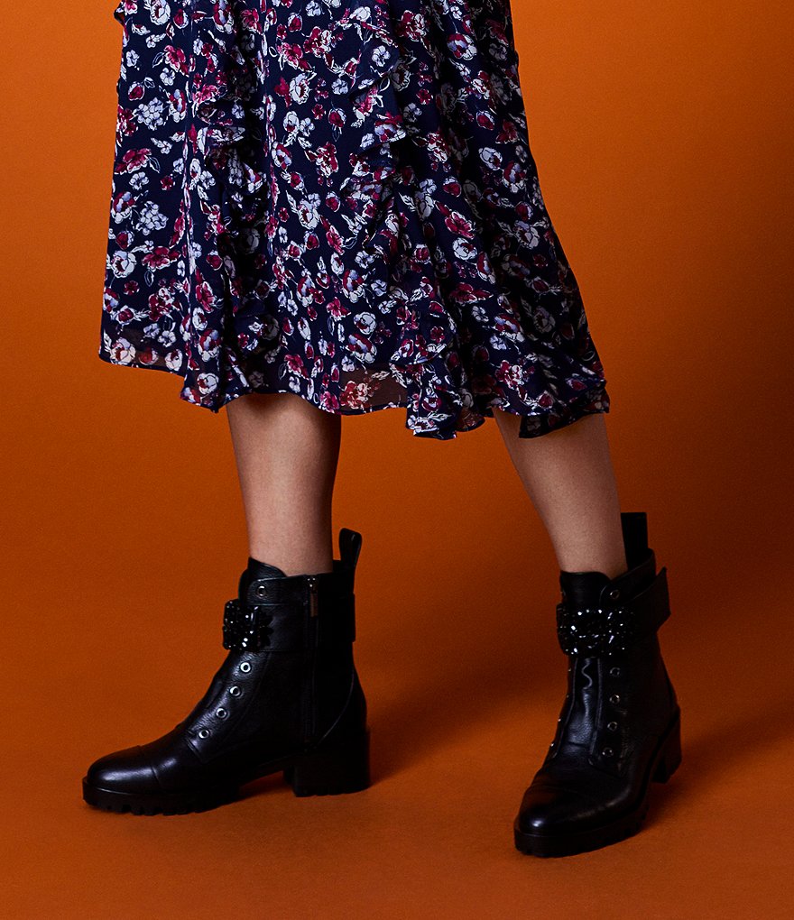 KARL LAGERFELD PARIS Pippa Jeweled Strap Leather Lug Sole Combat Booties