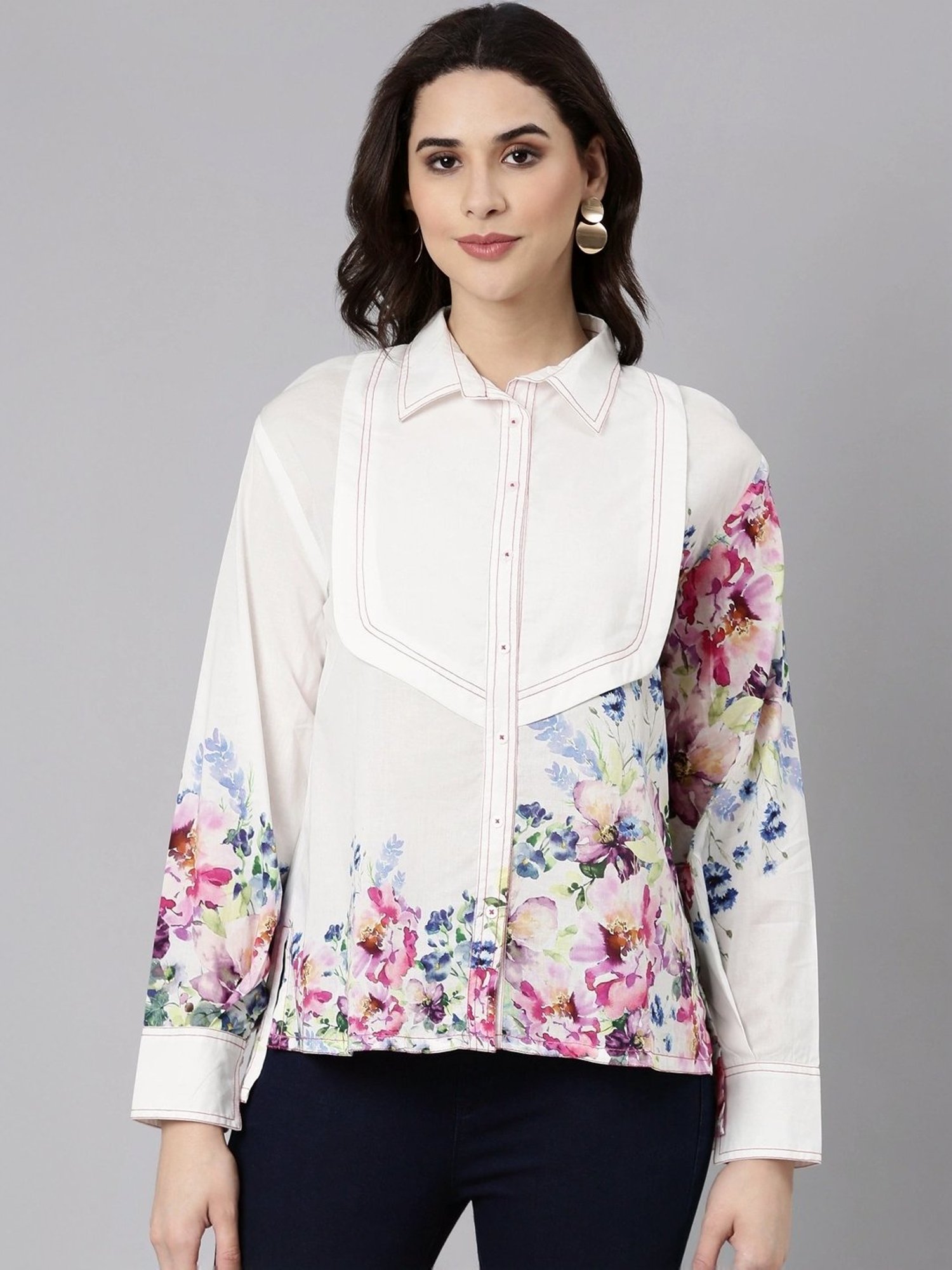 Zolo Label White Cotton Floral Print Shirt
