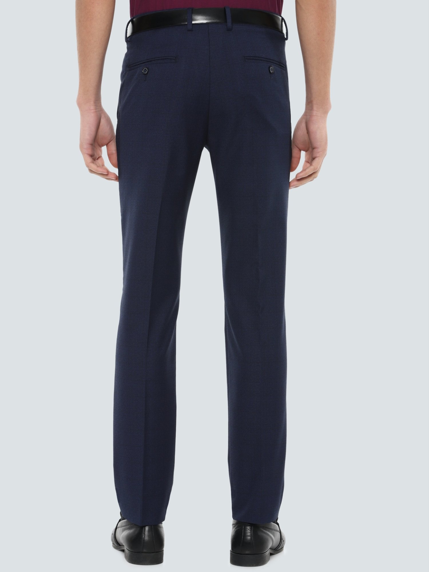 Louis Philippe Navy Slim Fit Checks Flat Front Trousers