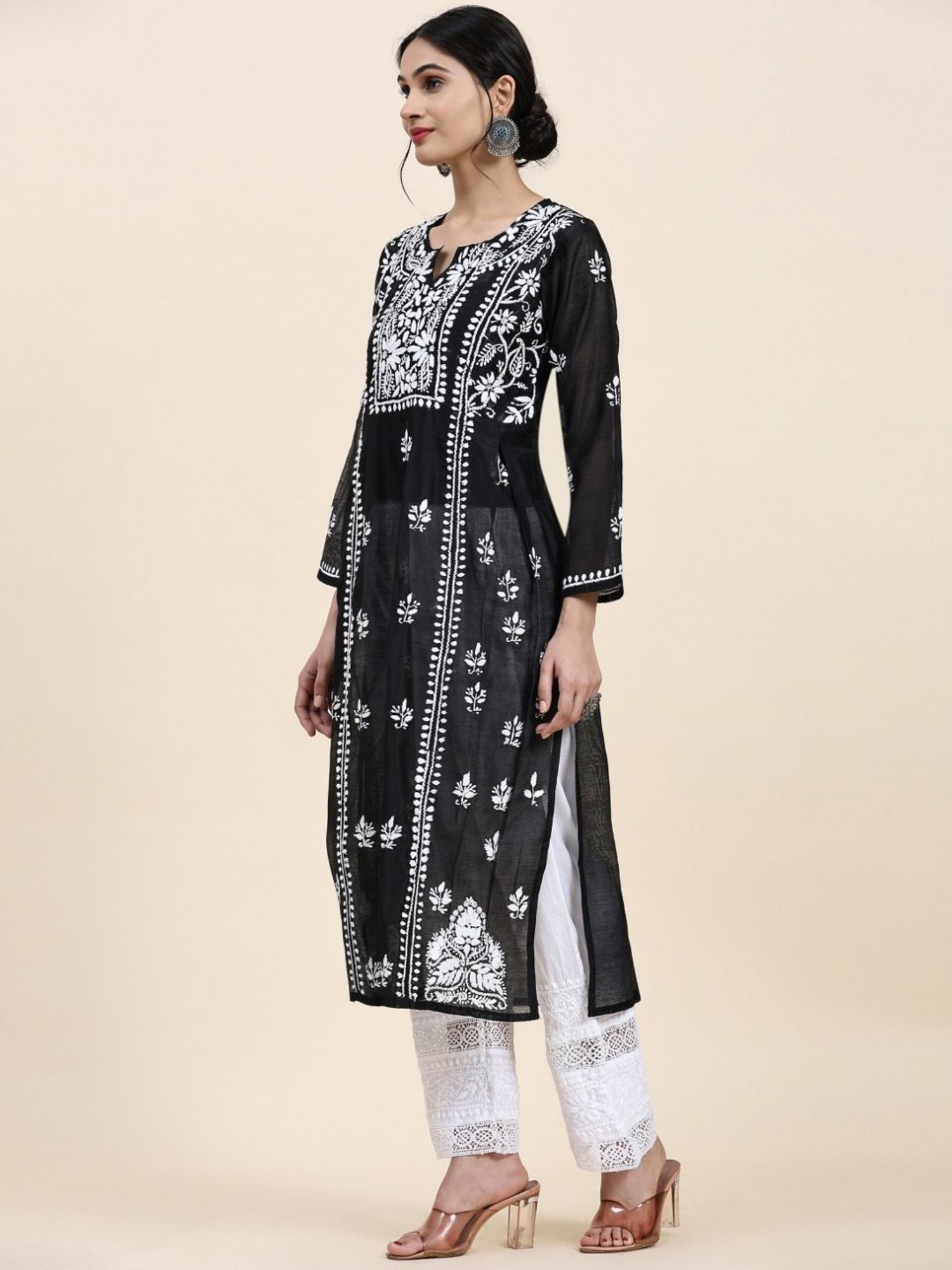 House Of Kari Samma Chikankari Long Kurta in Chanderi Silk for Women- Black