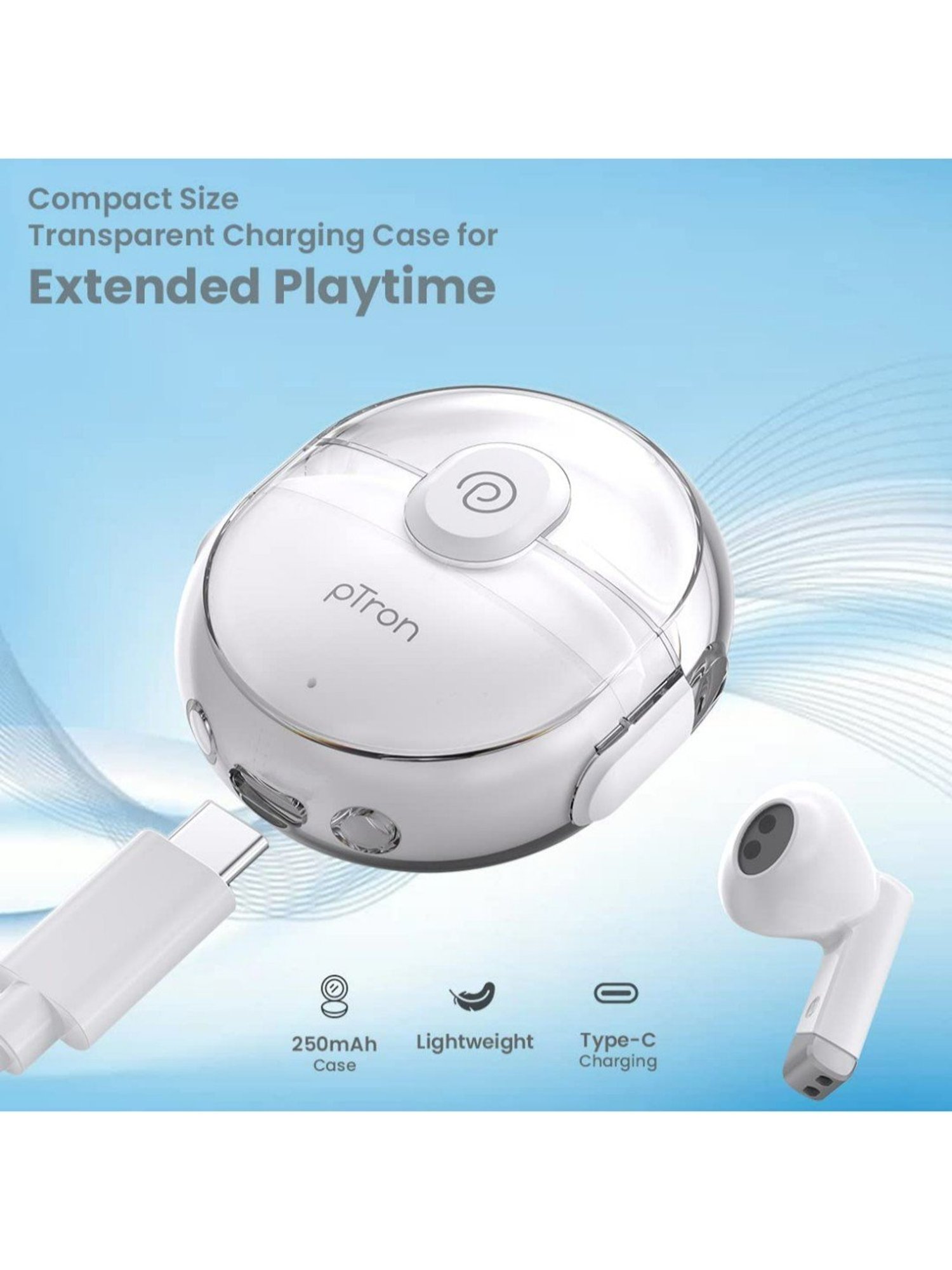 PTron Bassbuds Fute Wireless Bluetooth 5.1 Earbuds, 25 Hours Playtime, Type-C Charging (White)