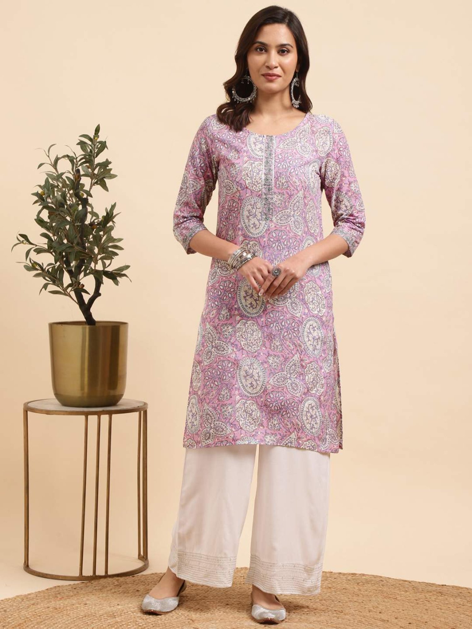 Rangita Purple & White Cotton Floral Print Kurta Palazzo Set