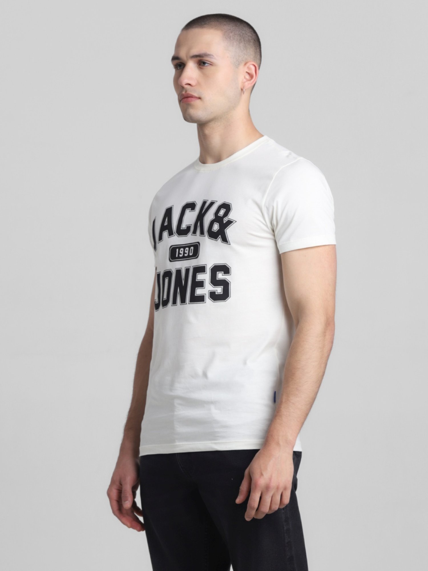 Jack & Jones Star White Cotton Slim Fit Printed T-Shirt