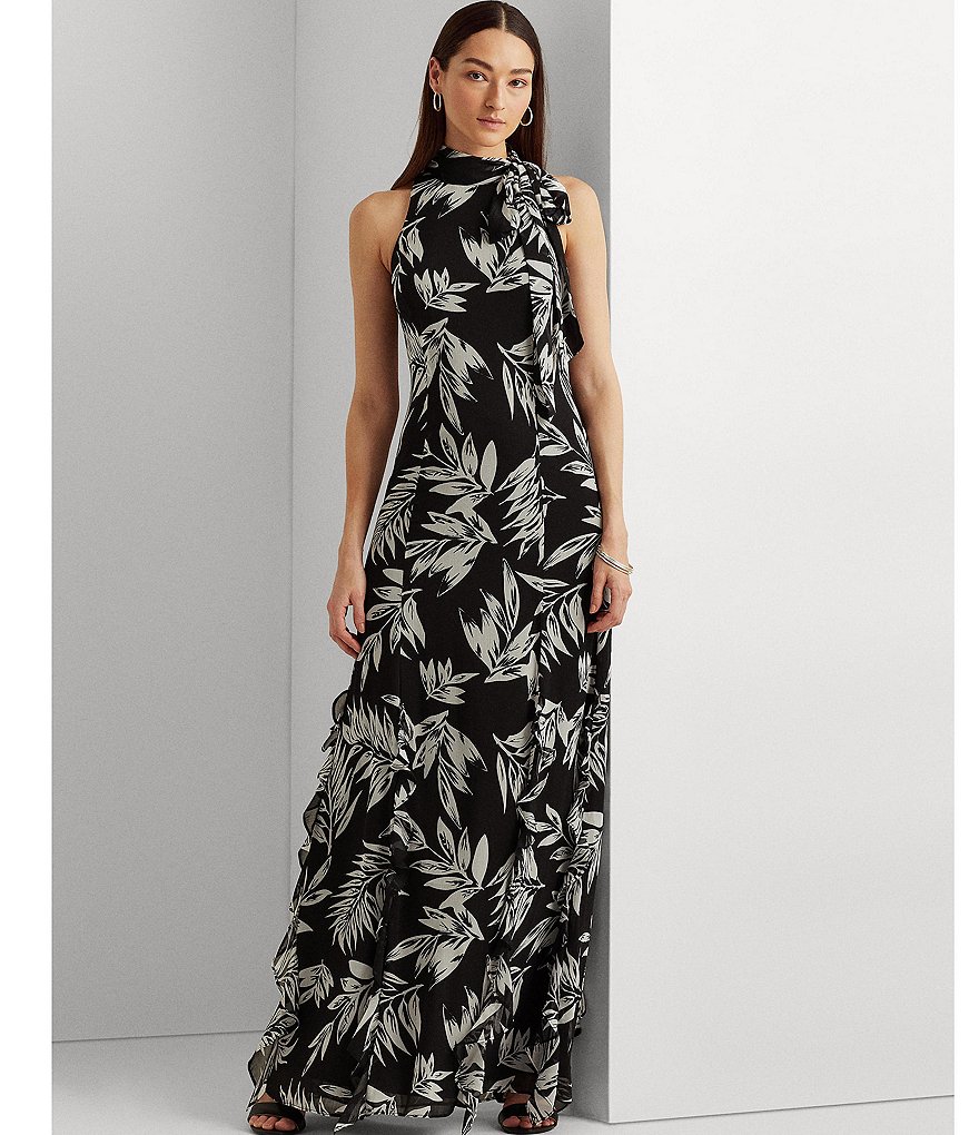 Kay Unger Long Bishop Sleeve V-Neck Crepe A-Line Dress