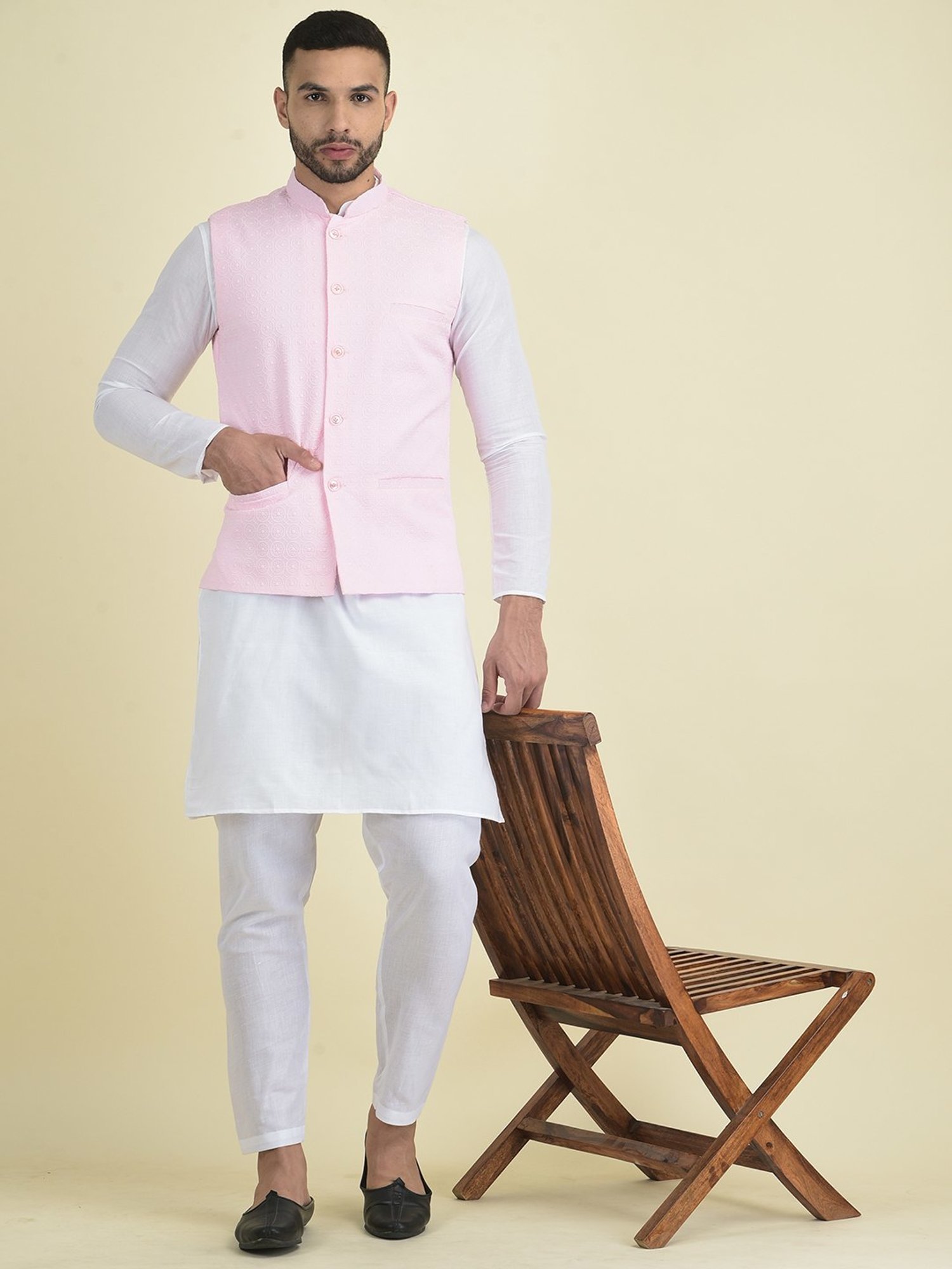 Deyann Pink & White Cotton Regular Fit Embroidered Kurta Set With Jacket