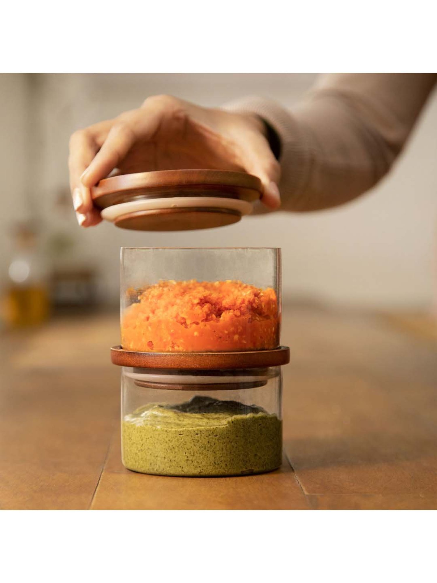 Ellementry 'Stackable' Transparent & Brown Glass 10 cm Masala Container (0.15 L) - Set of 2