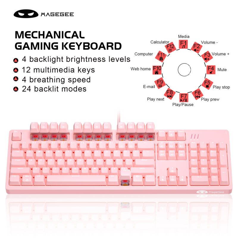 Mechanical Pink Gaming Keyboard Magegee MK-Armor LED Rainbow Backlit and Wired USB 104 Keys Keyboard with Blue Switches, for Windows PC Laptop Game