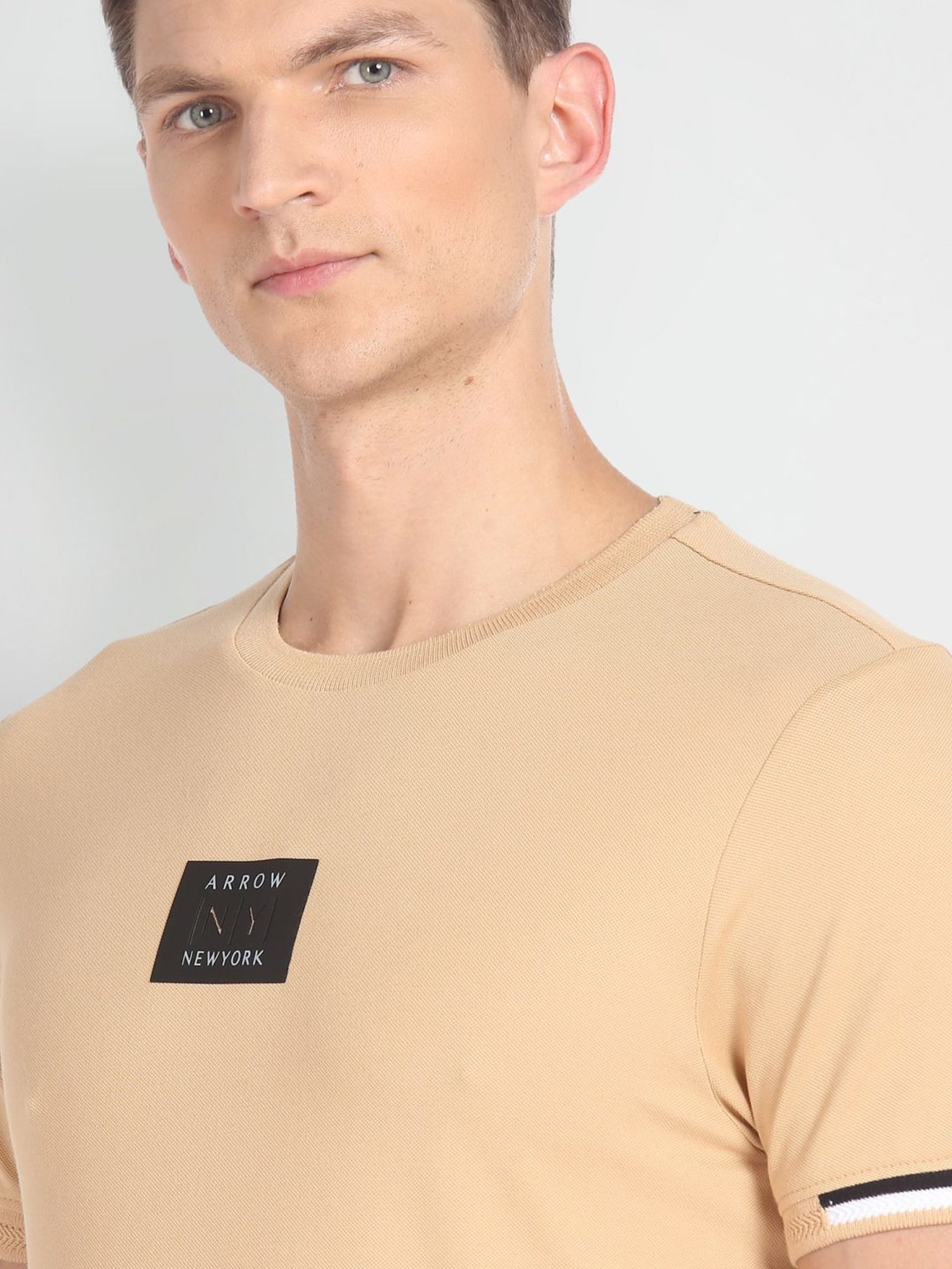 Arrow New York Beige Cotton Regular Fit T-Shirt