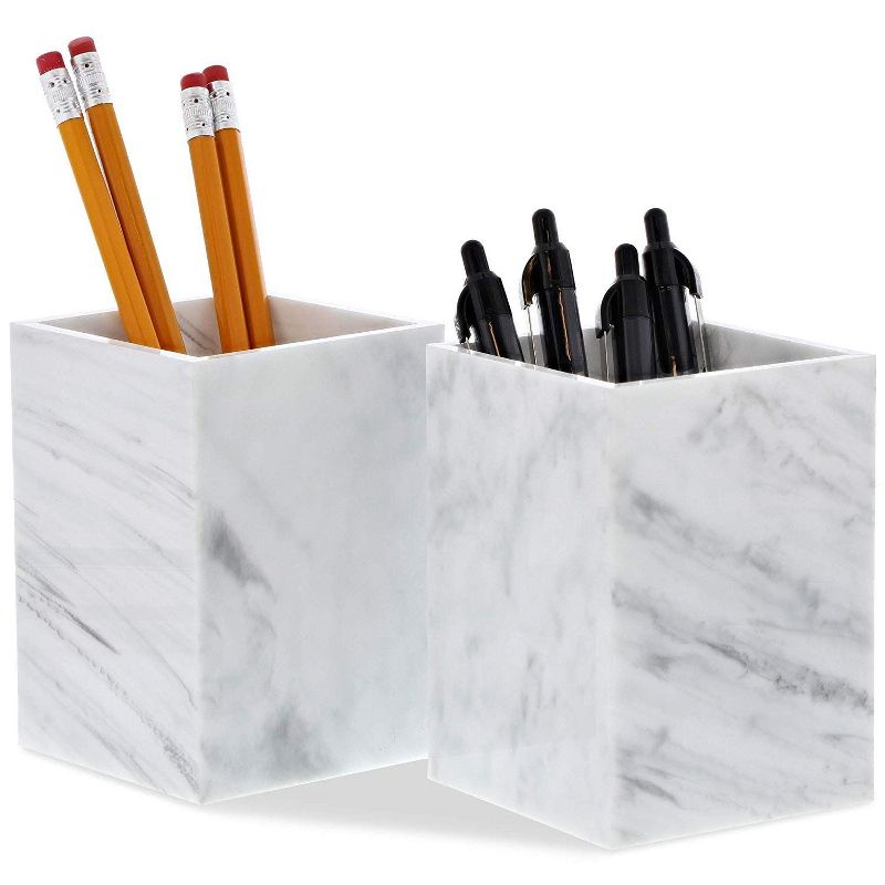 2 Pack Pencil Pen Makeup Brush Cup Holder Plastic Desk Organizer Stationery Storage Pot Multi Purpose Use Marble Pattern for Kids Adults Men Women