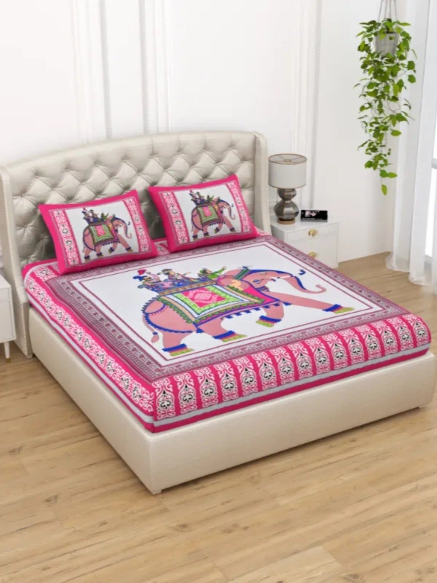 Living Roots Printed Pink 240 TC Cotton Bedsheet with 2 Pillow Covers