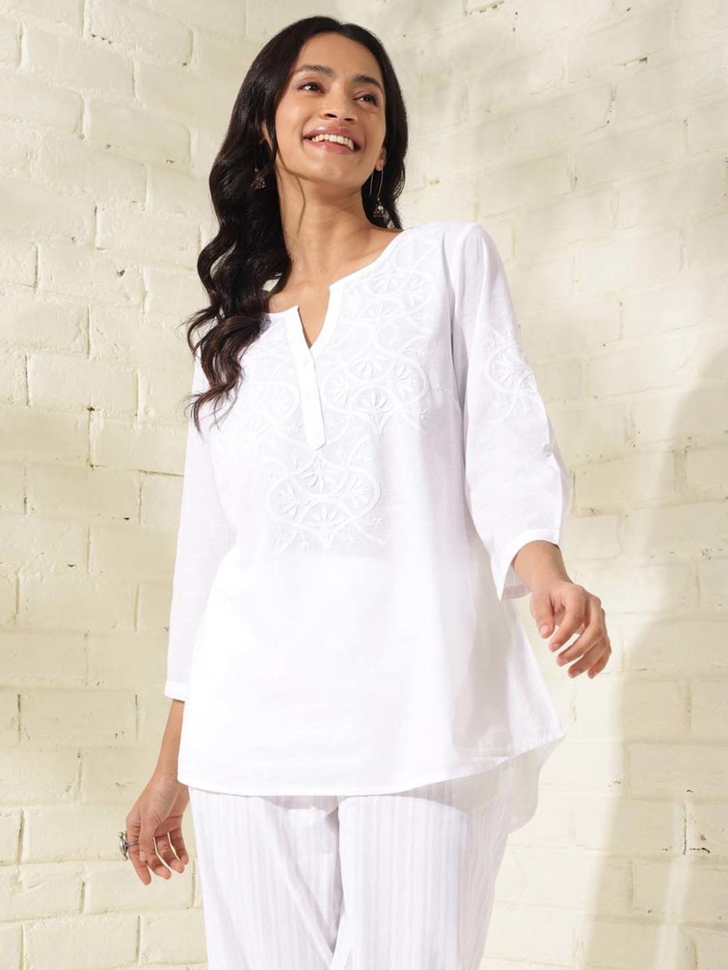 Fabindia White Cotton Embroidered Tunic