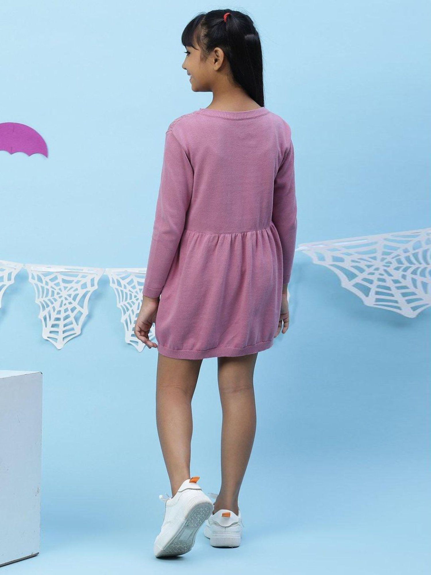 BIBA Girls Onion Pink Cotton Self Pattern Dress