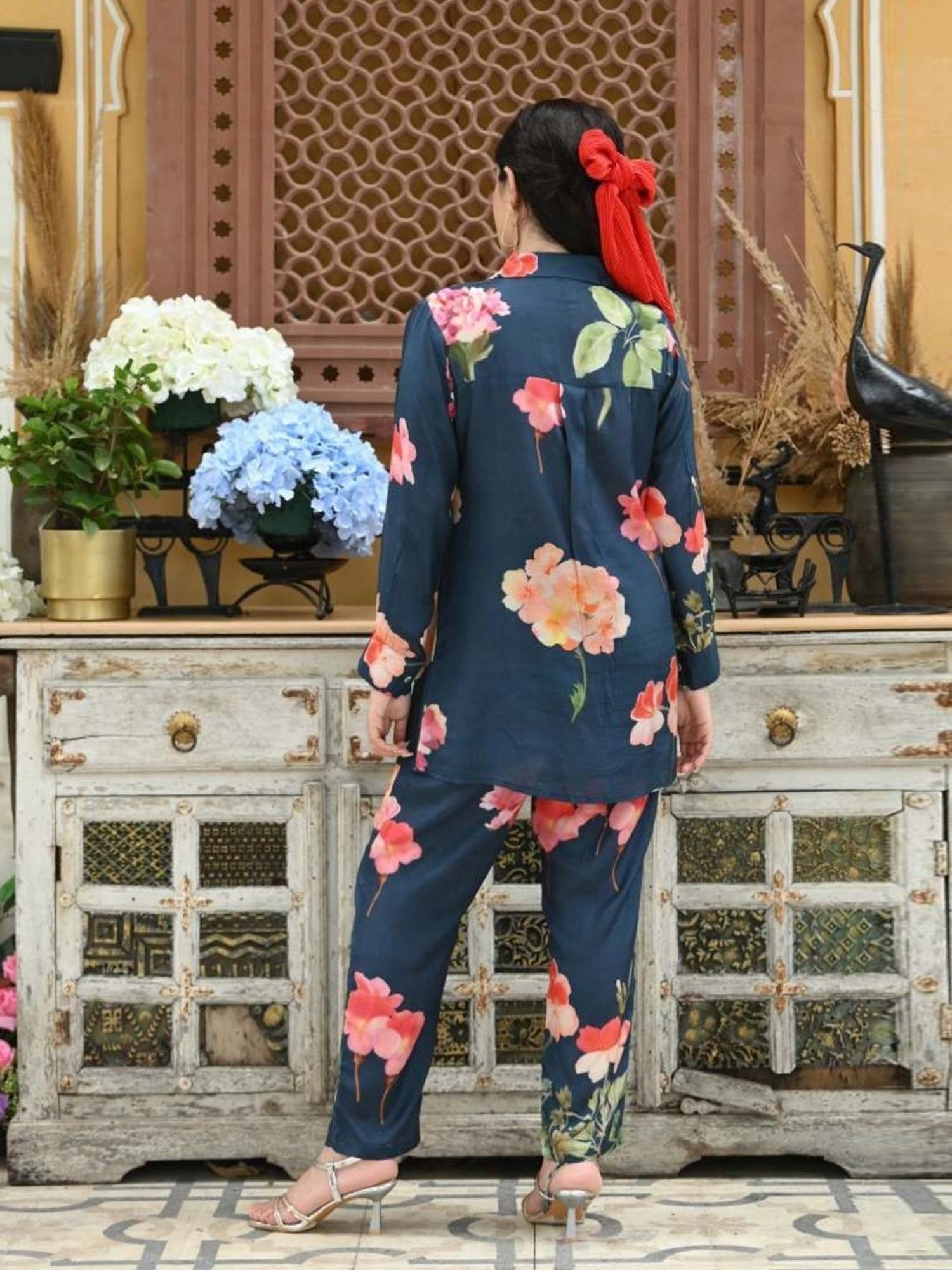 Mahee Jaipur Blue Brush Floral Print Shirt with Pant Co-ord Set