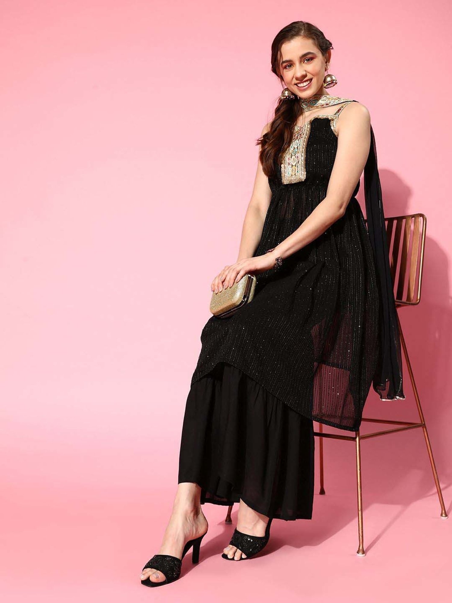 Inweave Black Embellished Kurta & Sharara Set With Dupatta