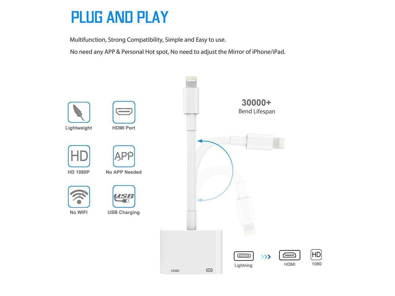 (Apple MFi Certified)Lightning to HDMI Adapter for iPhone, 1080P HDMI Digital Audio AV Adapter, HDMI Connector with Charging Port for iPhone/iPad/iPod Models, HDMI Sync Screen Converter