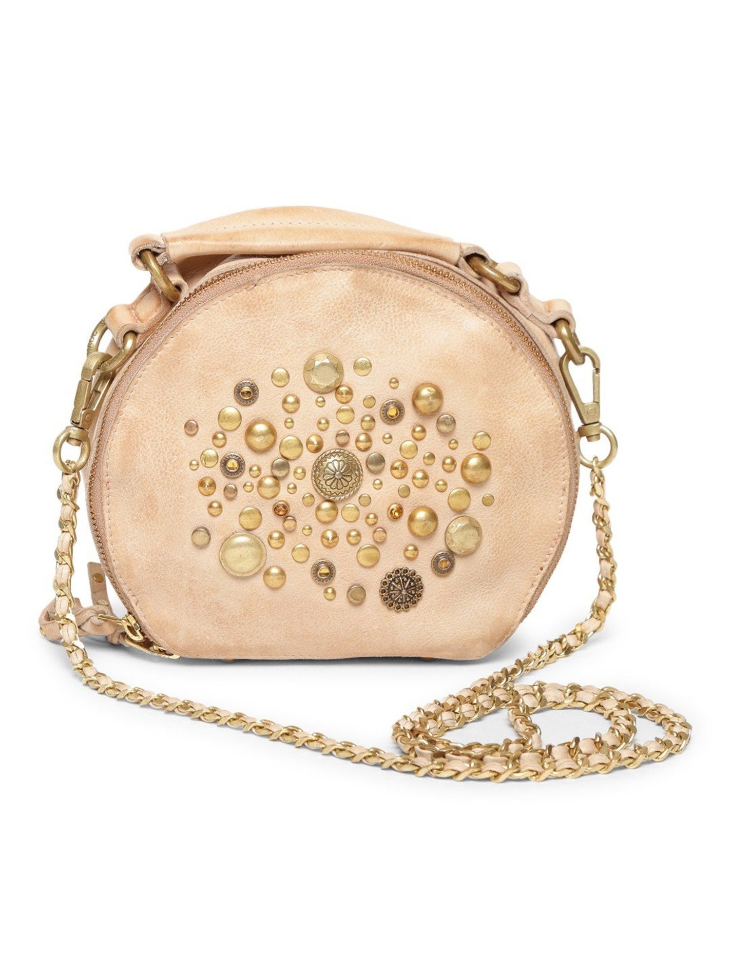 Art N Vintage Rivet & Concho Cream Leather Embellished Small Handbag