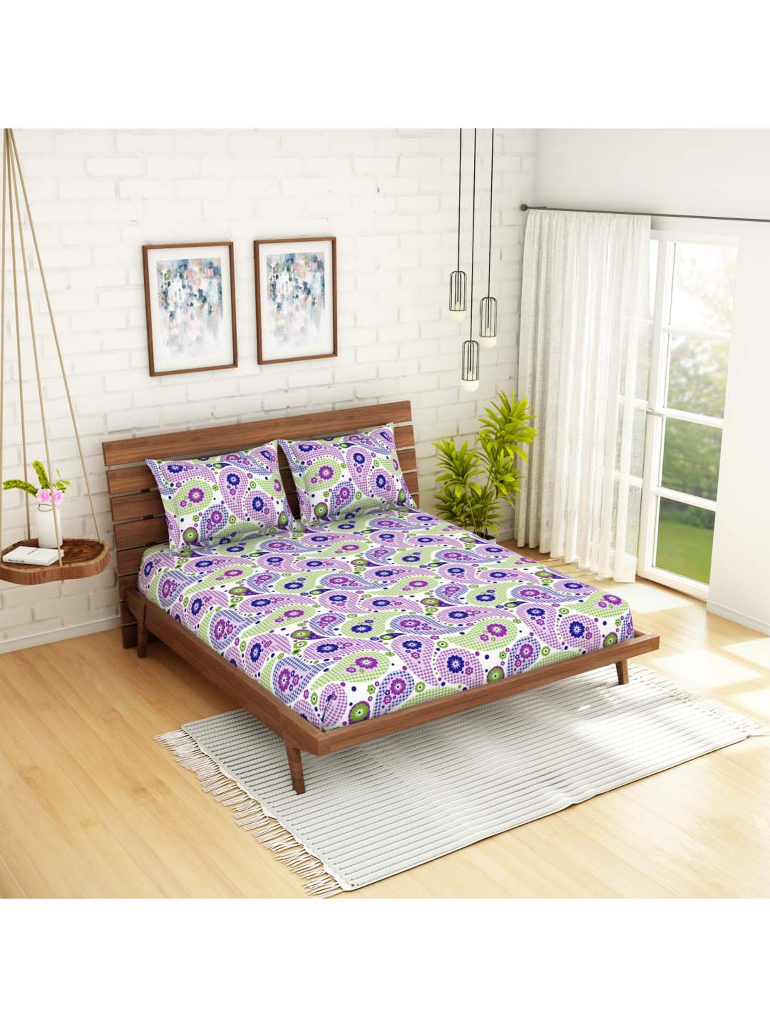 SWHF Purple & Green Cotton 110 TC Double Bedsheet Sets