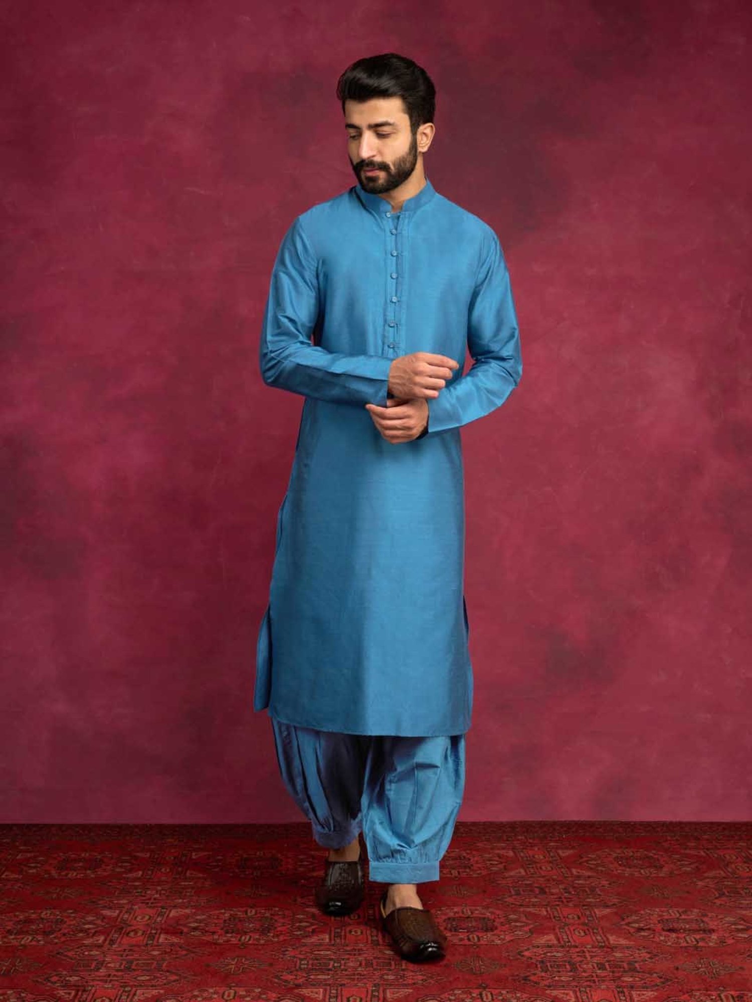 Abhishti Ocean Blue Straight Fit Side Tie-Up Kurta & Pathani Pants Set