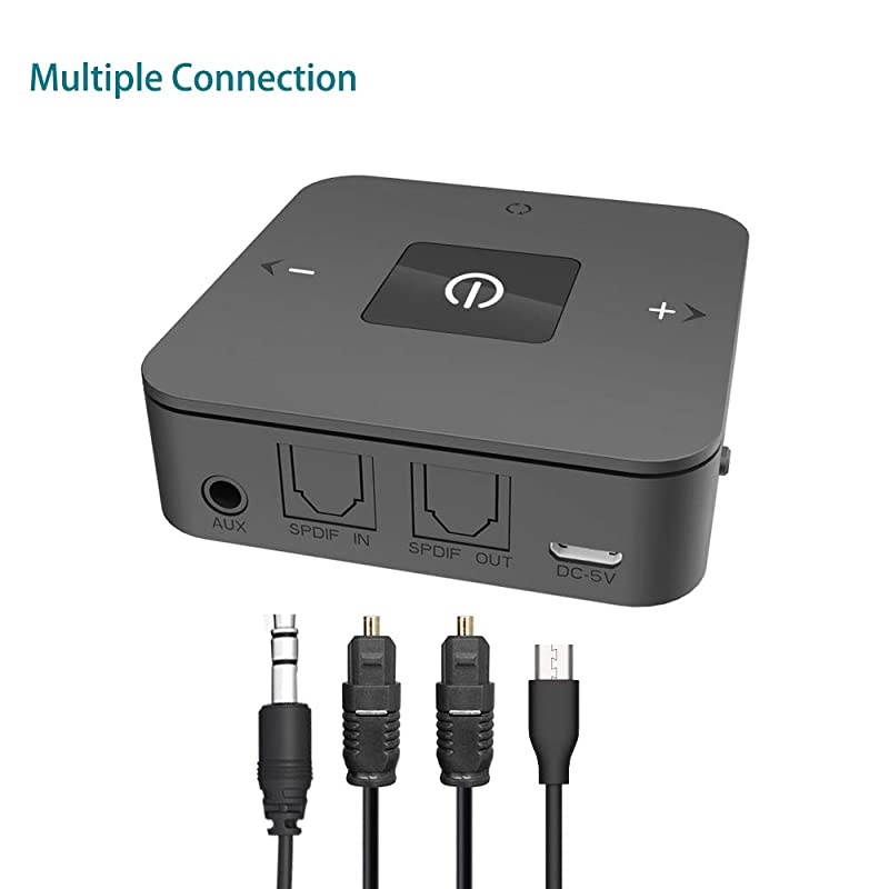 Bluetooth V5.0 Transmitter Receiver, Wireless 40ms Low Latency Audio Adapter for TV, Home Theatre, PC, Laptop, Support Volume Control, Optical TOSLINK, 3.5mm AUX RCA Jack, 25 Hours Playtime