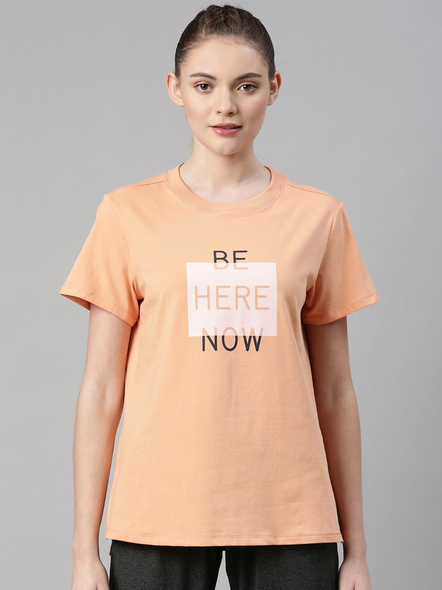 Enamor Peach Cotton Graphic Print Sports T-Shirt