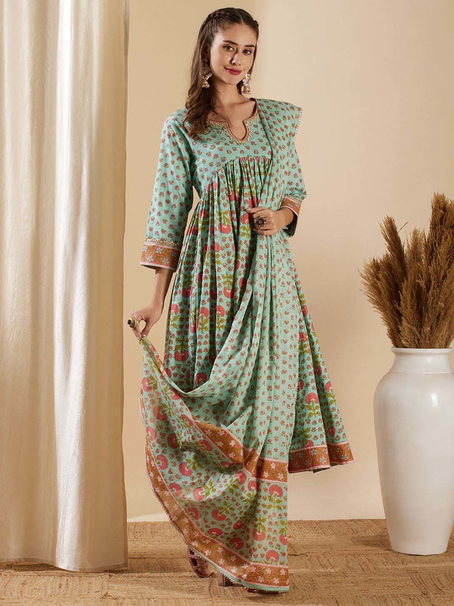 Fashor Mint Green Cotton Printed Kurta & Palazzo Set With Dupatta