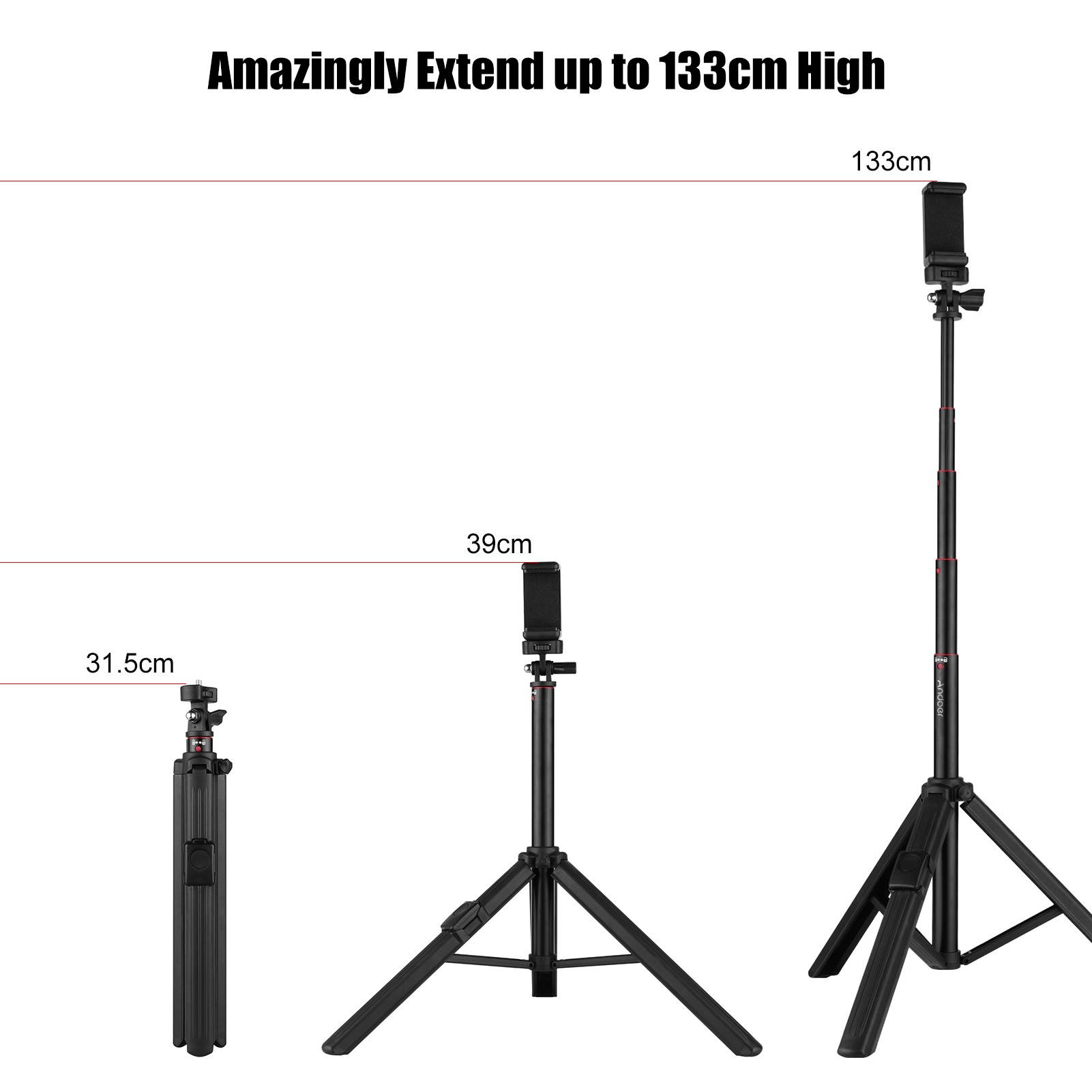 Andoer Tripod Stand Handheld Selfie Stick Portable Extendable Cell Phone Tripod with BT Remote Phone Holder 180&deg; Neck & 360&deg; Head Rotation for Smartphone Small Camera