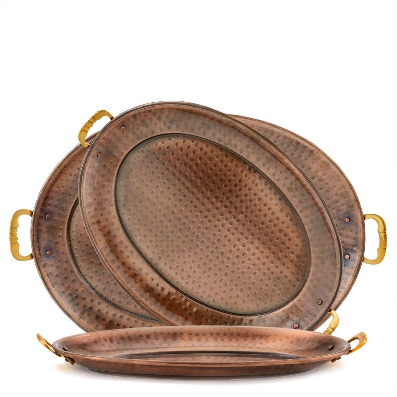 Old Dutch 3pc Steel Hammered Antique Serving Tray Set Copper