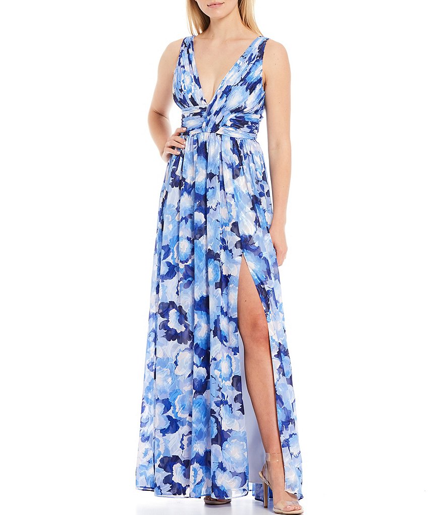 Aidan Aidan Mattox V-Neck Floral Printed Chiffon Ball Gown