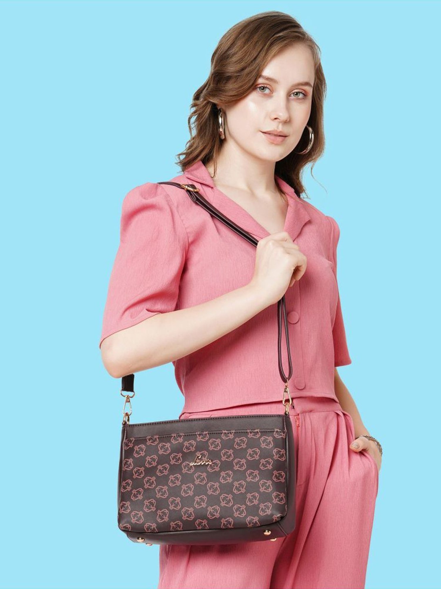 Lavie Mono Olivia Maroon Synthetic Printed Sling Handbag