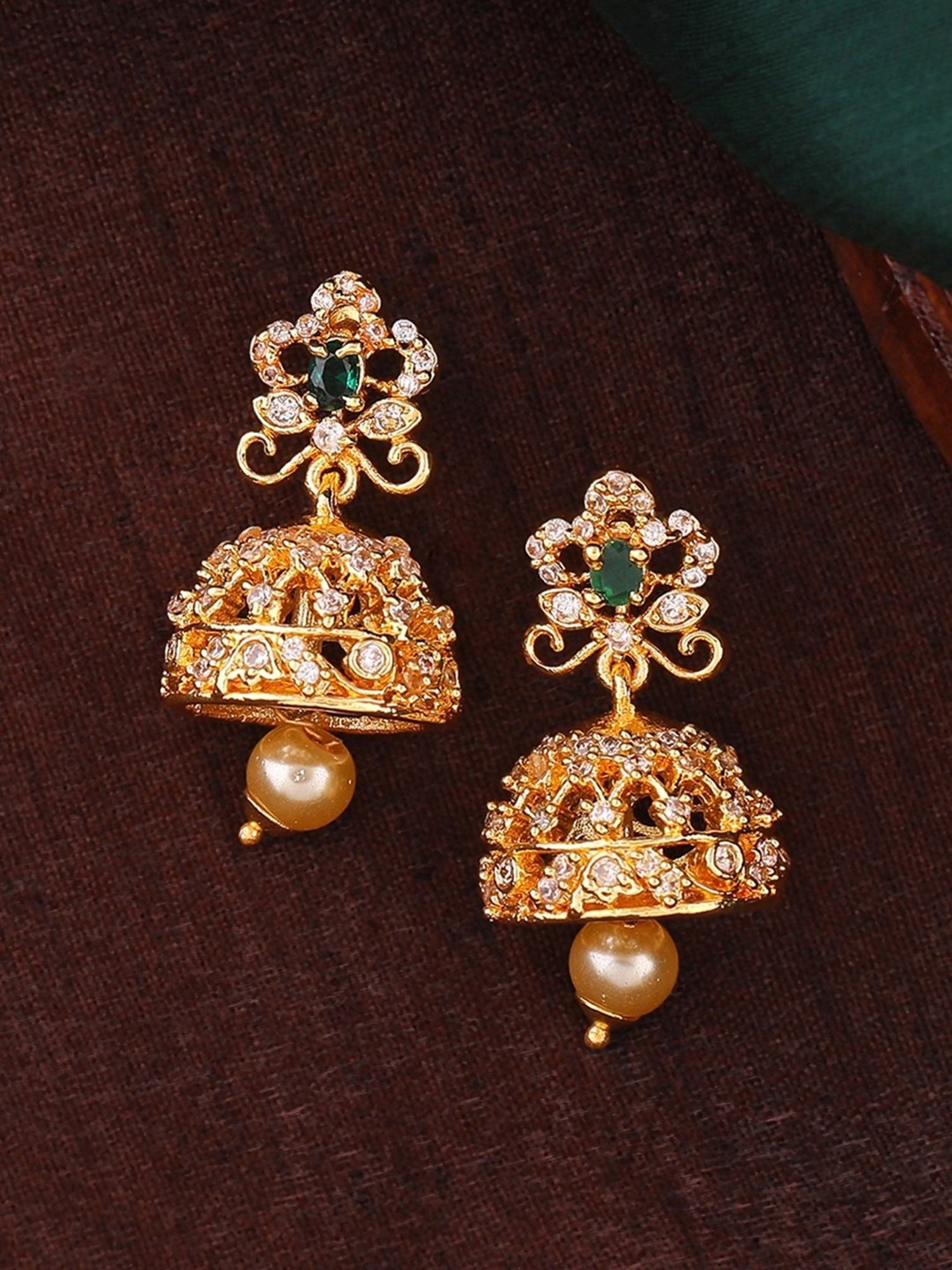 Estele Gold-Plated CZ Beautiful Pearls & Green Crystal Jhumki Earrings