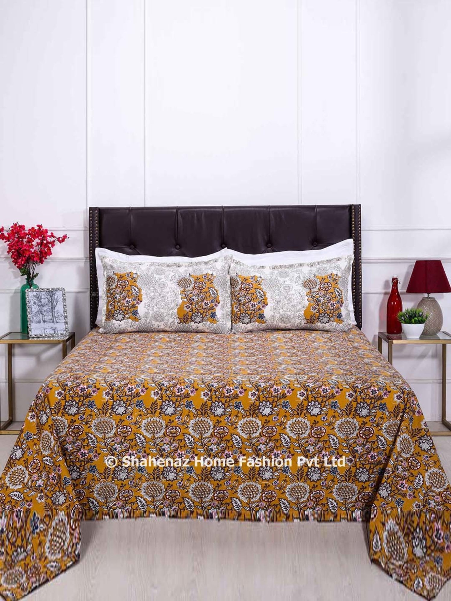 Shahenaz Mustard Yellow 120 TC Cotton Zara Flower Jaal Luxury Double Bedsheet with 2 Pillow Covers