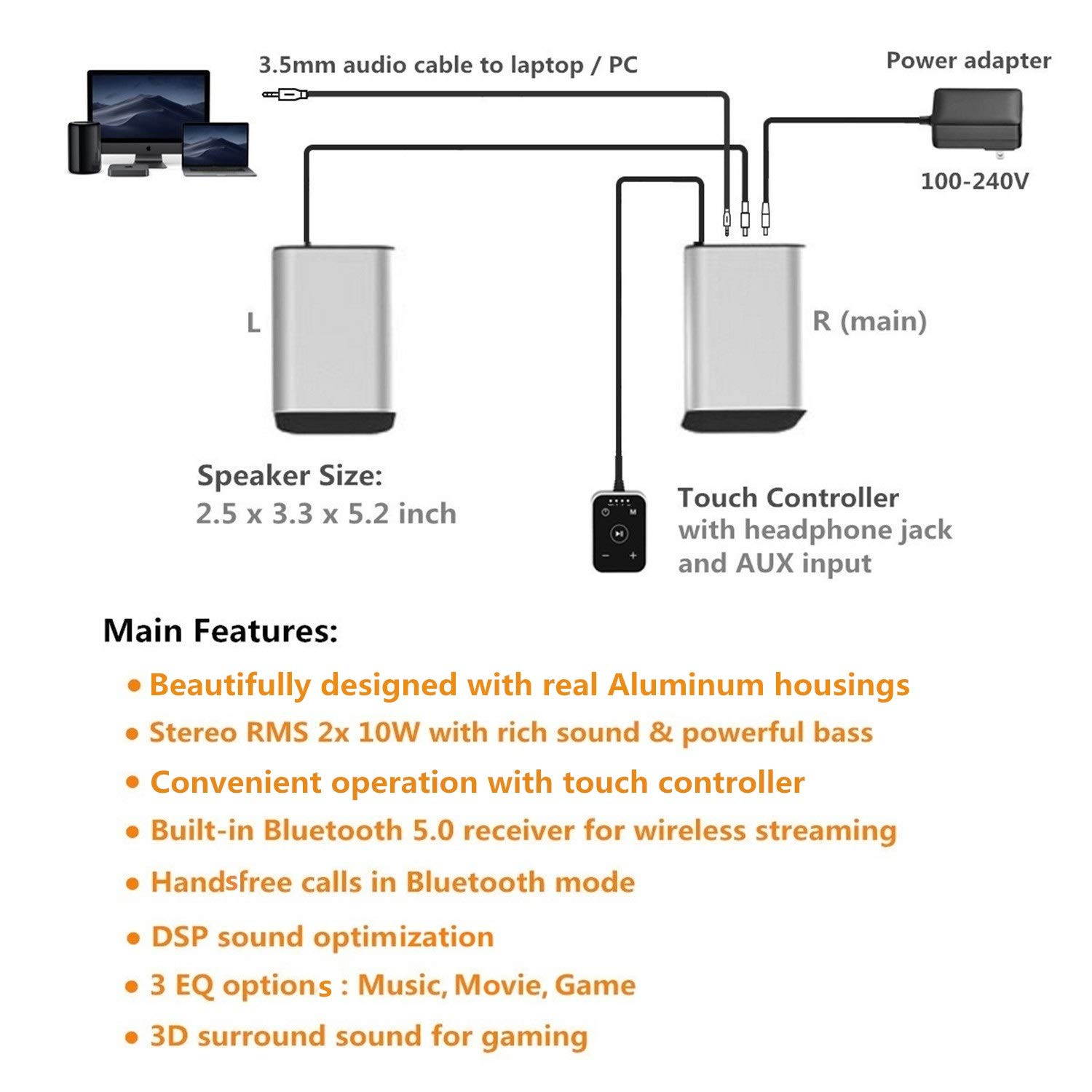 KEiiD PC Computer Speaker Compact Bluetooth Stereo System with Aluminum Housing for Laptop Desktop PC Gaming Computers, Unique Touch Controller, Built-in Bluetooth 5.0 Receiver for Wireless Streaming