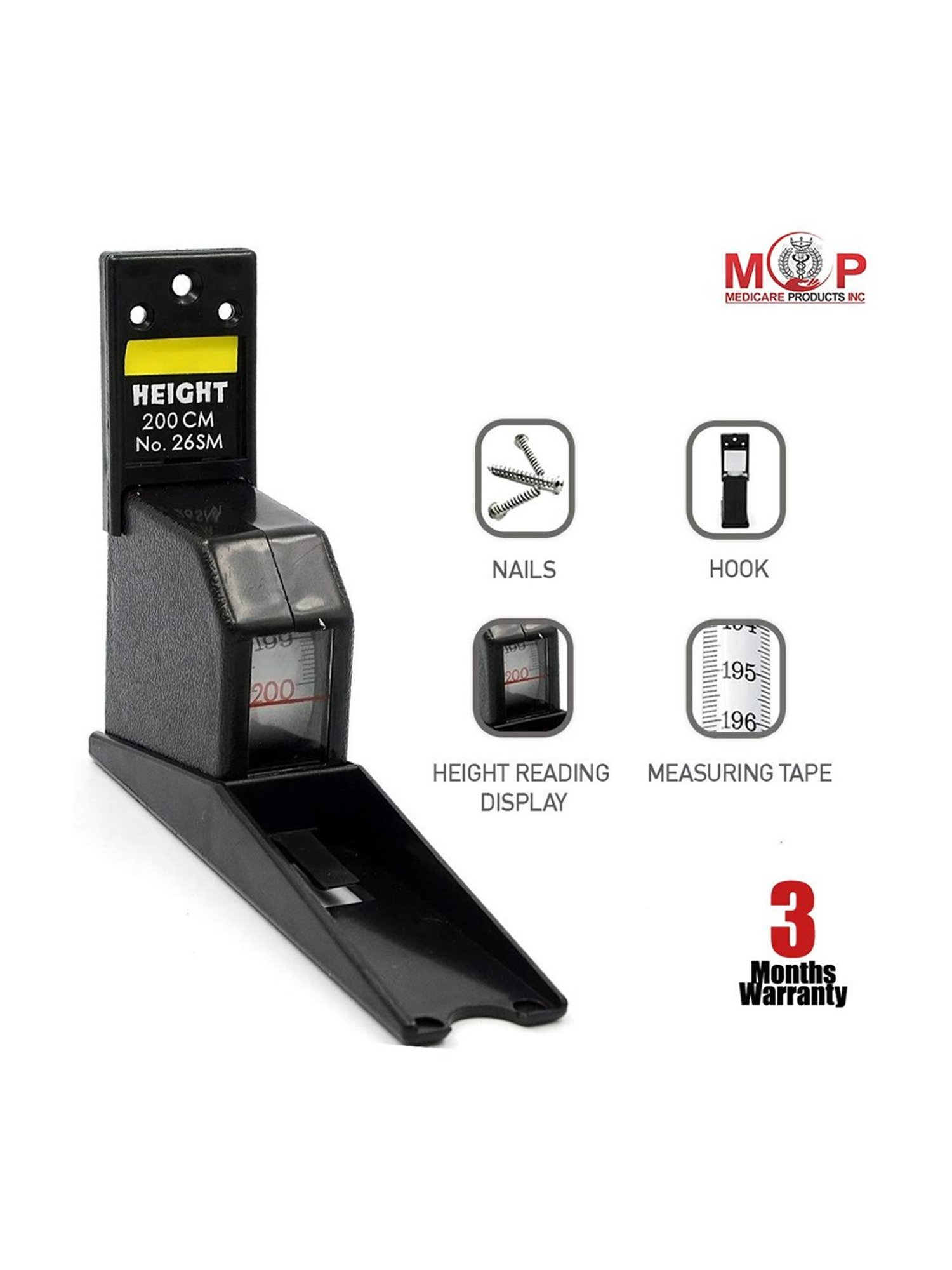 MCP 2mtr/200cm Roll Ruler Wall Mounted Height Measuring Tape (Black)