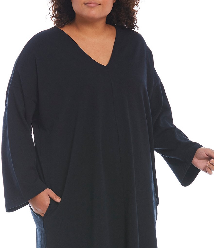 Bryn Walker Plus Size Bingley Cotton Knit Jersey V-Neck Long Sleeve Drop Shoulder Shift Dress
