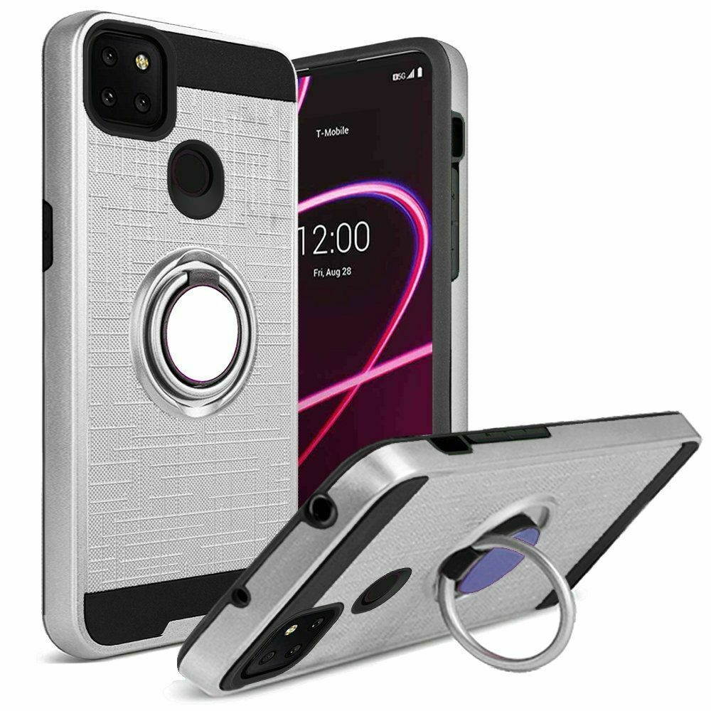 For T-Mobile Revvl 5G - Magnetic Ring Kickstand Hybrid Case Cover - Silver