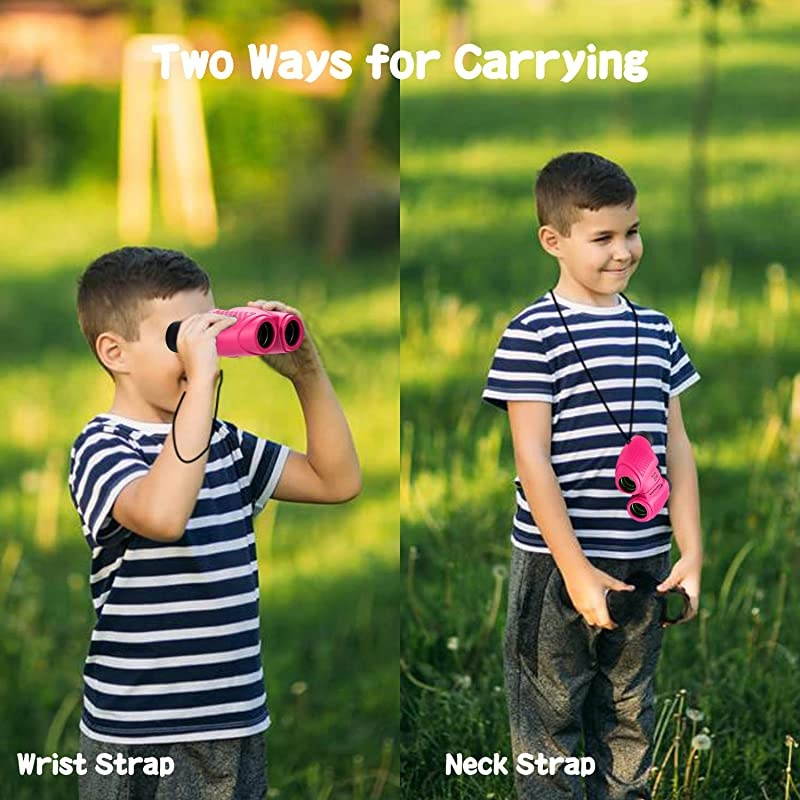 Compact Kids Binoculars 8x22 High Powered Toy Binocular for 47 Years Old Girl Best Birthday Present Gifts for Bird Watching Camping Hiking Rose Red