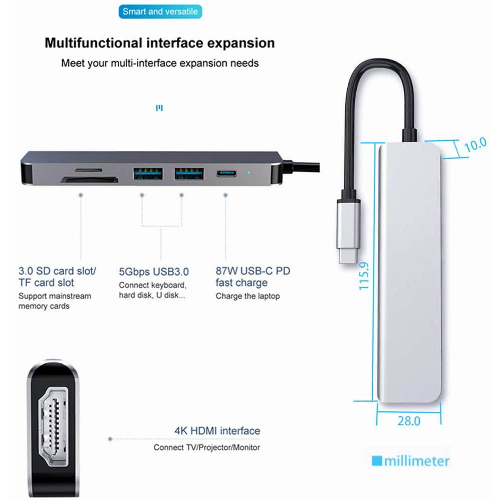 USB C Hub, 6-in-1 USB Type C Adapter with 4K HDMI Port, PD Port, 2 USB 3.0 Ports, TF/SD Card Reader for Apple MacBook Pro, iPad Pro, Surface, Chromebook and More USB C Devices