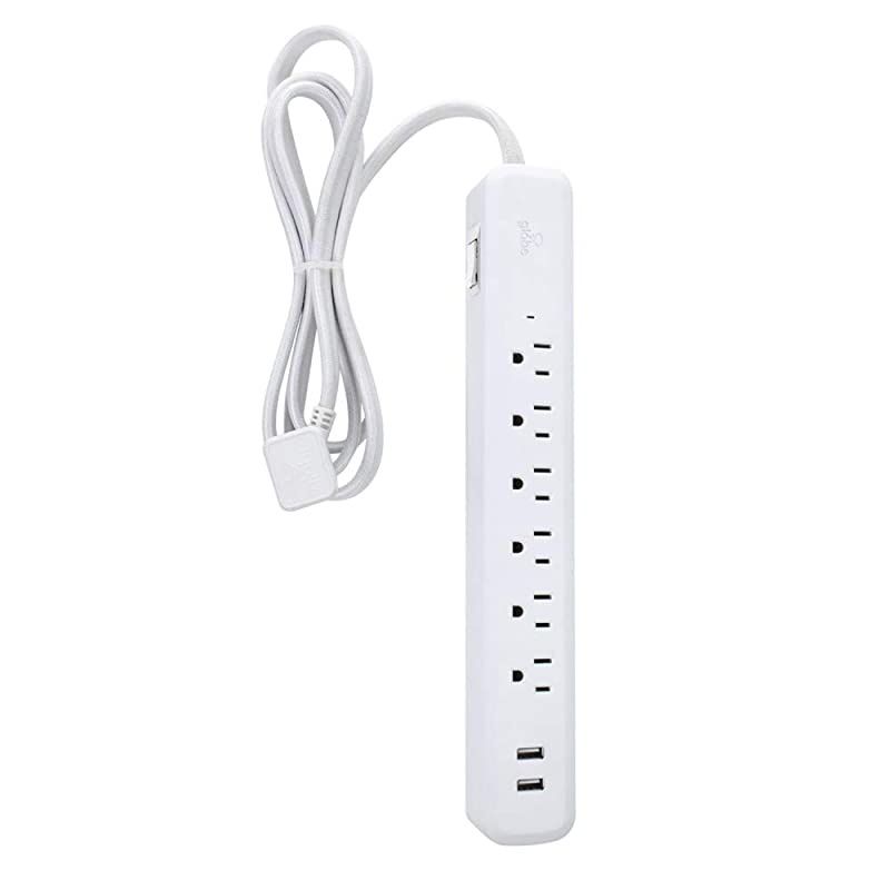 Designer Series 6ft 6-Outlet Power Strip, 2X USB Ports (5V/3.1A), Surge Protector, Right Angle Plug, Circuit Breaker Switch, White Finish, Silver Fabric Cord 78361, 2 Ft