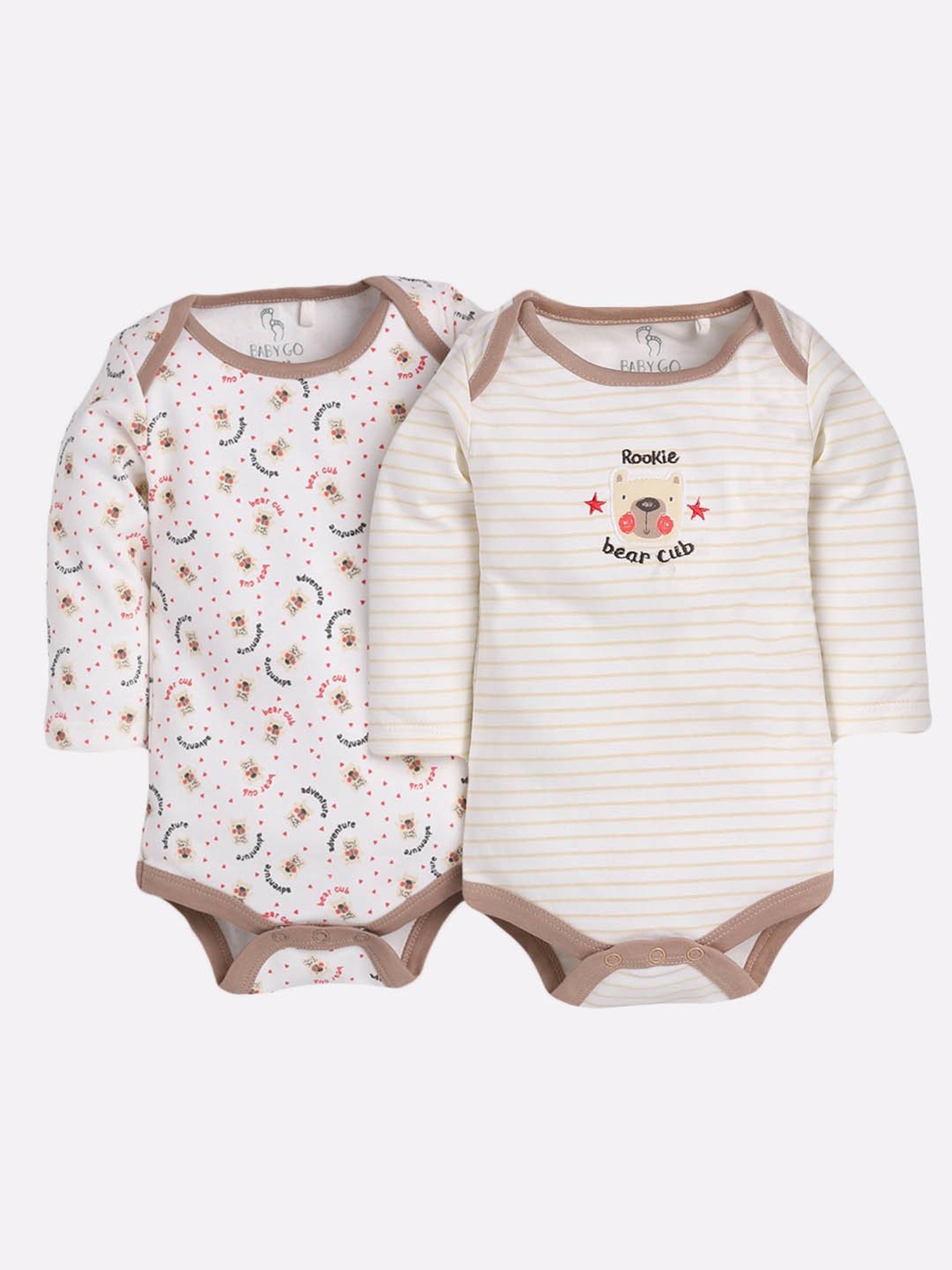 Baby Go Kids Beige & White Printed Onesie (Pack Of 2)