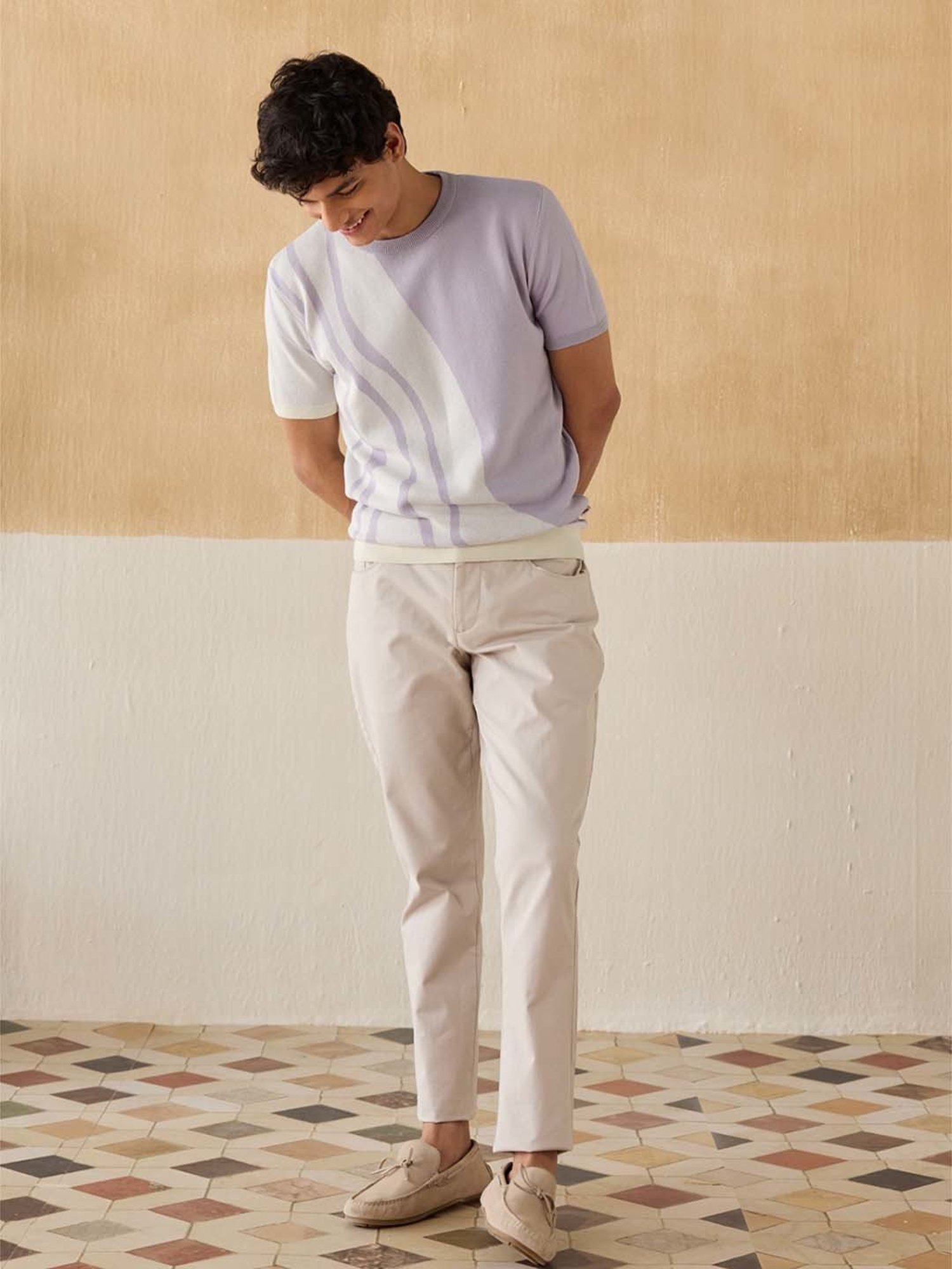 Andamen Lavender Cotton Regular Fit Printed T-Shirt