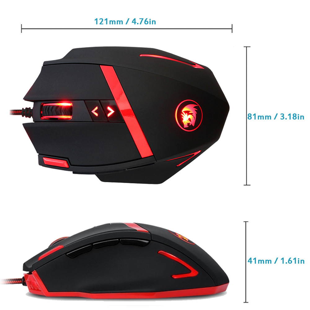 REDRAGON 16400DPI Adjustable Wired Gaming Mouse 9 Programmable Buttons 1 Profile Button 5 Programmable User Profiles Weight Tuning Catridge for PC